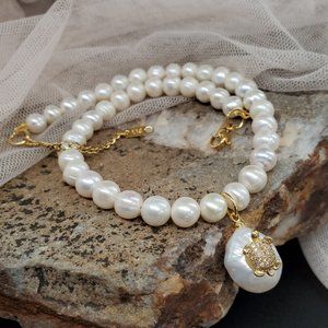 Genuine Pearls 14K Gold plated Pendant BAROQUE Coin Pearl Hypoallergenic